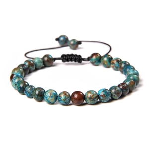 Verstellbares 6mm Tigerauge Perlenarmband mit blau und braun geflochtener Schnur