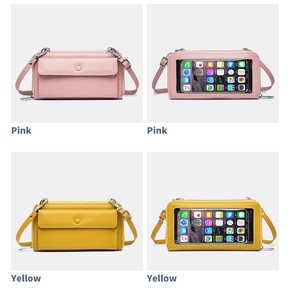 Detail view of pink and yellow touchscreen phone bags with lychee grain texture