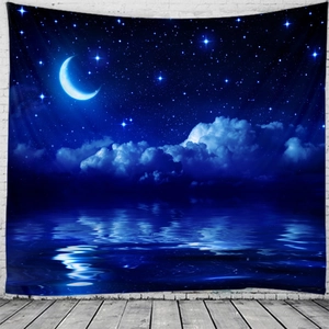 Detail of dreamlike starry night tapestry with crescent moon and water reflection on wall