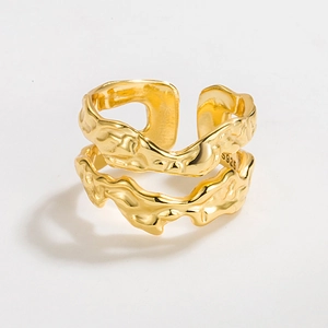 Double-layered 925 sterling silver ring with textured molten lava design in golden finish