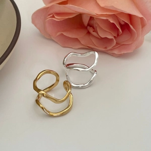 925 Sterling Silver Ring Double Layer Wave Irregular Adjustable Open Minimalist Modern Style Fashion Jewelry For Women