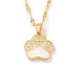 Elegant gold bear paw necklace with sparkling cubic zirconia and white mother of pearl inlay