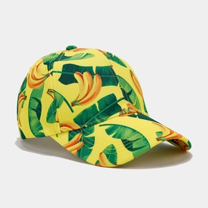 Tropical banana and palm leaf print baseball cap in bright yellow cotton fabric