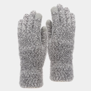 Close-up of grey knit winter gloves with touchscreen fingertips and ribbed wrist detail