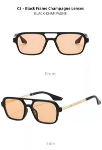 Detail view of dual-beam hollow sunglasses with black frame and champagne lenses