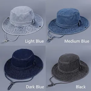 Denim bucket hats for women in light, medium, dark blue and black with windproof rope