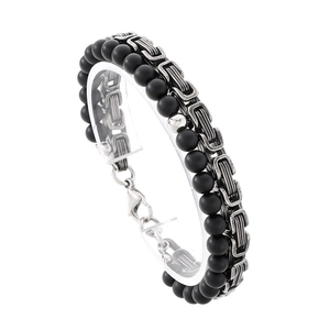 Double-layer men's bracelet with matte black beads and vintage silver Byzantine chain