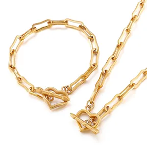 Stainless Steel Paperclip Chain Necklace And Bracelet Jewelry Set Heart Toggle Clasp Fashion Trendy Women Accessories