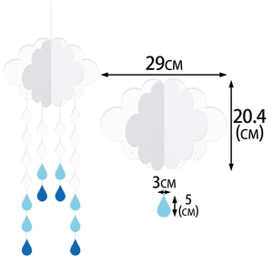 3D white paper cloud and blue raindrops hanging decoration with dimension size measurements