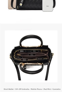 Detail view of black quilted leather handbag interior with multiple compartments and pockets