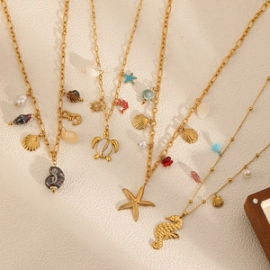 Golden ocean series stainless steel necklace with starfish shell and seahorse pendants