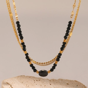 Three-layer 18k gold stainless steel necklace with black natural stone oval pendant
