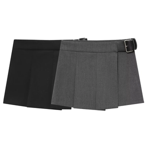 Jupe-Short Plissée À Taille Haute Avec Boucle De Ceinture En Cuir Latérale Mélange De Polyester Mini Ligne A Streetwear Mode Pour Femmes