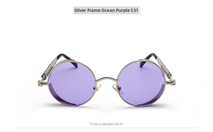 Detailed front view of steampunk round silver sunglasses with purple lenses and spring temples