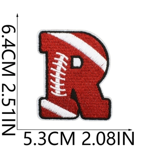 Detailed measurements of red embroidered letter R patch with football stitching texture