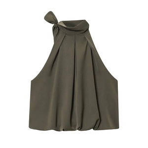 Sexy dark green halter top with silk-like sheen and bow tie neck detailing