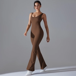 Detailed view of dark brown flared yoga jumpsuit with open back and bodycon fit