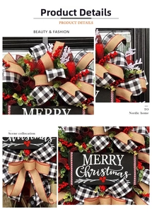 Detail showing buffalo plaid ribbons, red berries and wooden Merry Christmas sign on wreath