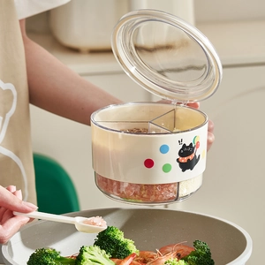 Three-compartment beige seasoning box with transparent lid and cartoon cat sticker