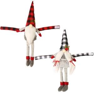 Christmas gnome curtain tiebacks with red and black plaid hats on a white background