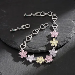 Elegant Snowflake Zirconia Bracelet For Women Copper Alloy Heart Link Chain Colorful Flower Crystal Bangle Jewelry Gift