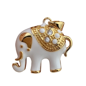 Cute white enamel elephant pendant with gold trim and crystal accents for DIY jewelry