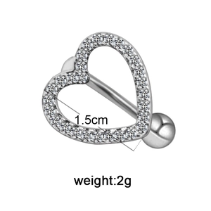 Silver heart navel piercing with zircon crystals, 1.5cm diameter and 2g weight