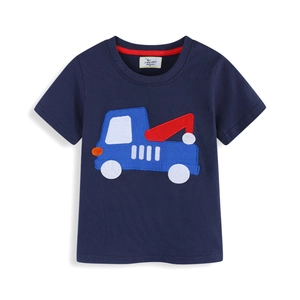 T-shirt en coton bleu marine pour garçon avec motif brodé de camion bleu sur fond blanc
