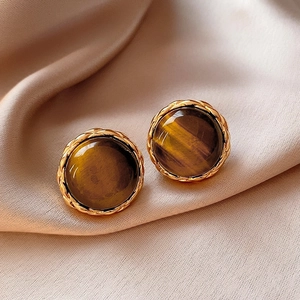 Elegant vintage gold stud earrings with round brown tiger eye stone on silk