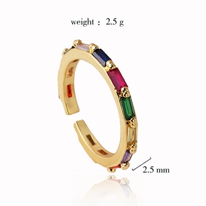 Adjustable 18K gold plated ring featuring colorful rectangular zircon stones on white background