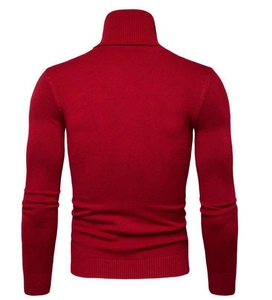 Detail view of the back of a slim-fit dark red turtleneck knitted sweater for men