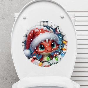 Christmas penguin and dragon decal for bathroom wall, festive red cartoon design sticker