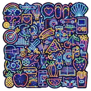 Detailed close-up of vibrant neon sticker collection featuring holographic icons and symbols