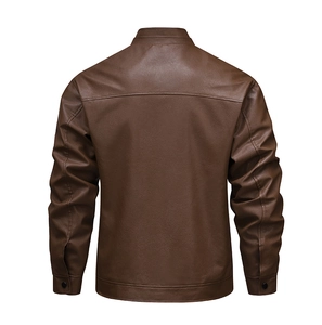 Detail of the back structure and stand-up collar on a brown leather jacket for men