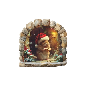 Macro detail of 3D Christmas mouse hole wall sticker with festive mouse and fairy lights