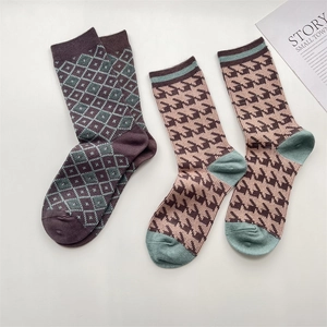 Retro Japanese-style plaid cashmere socks with vintage check patterns and blue details