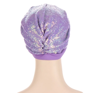 Purple sequined turban hat for women with a back twist knot and shimmering finish
