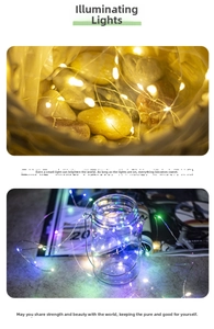 Detail of warm yellow and colorful LED copper wire fairy lights for gift box decor