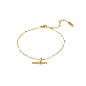 18K gold plated titanium steel anklet with T-bar pendant and lobster clasp on white background