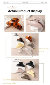 Detail view of stylish acrylic hair claw clips in amber texture and morandi colors