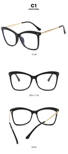 Three-view layout showing side, front and back of black gold cat eye glasses frames