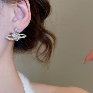 Detailed close-up of a silver Saturn planet earring with rhinestones and star accent