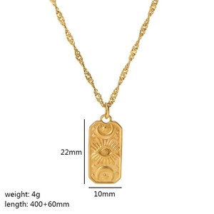 Gold celestial rectangular pendant necklace with sun moon and eye engraving on twisted chain