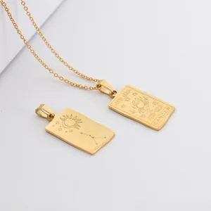 Detailed close-up of gold stainless steel rectangular Cancer zodiac pendant necklace