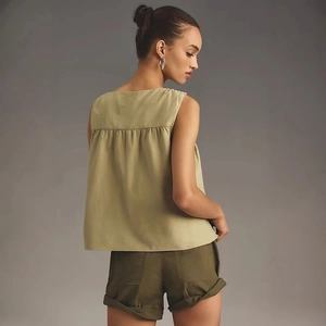 Women's casual sleeveless round neck sage green top with pleated back detail