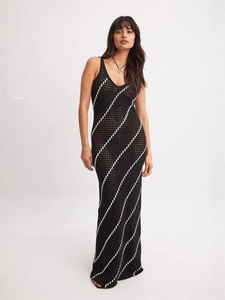 Crochet Knit Maxi Dress V Neck Sleeveless Striped Hollow Out Sexy Vacation Sling Long Dress For Women