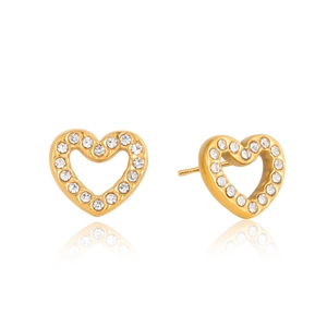Detail view of heart-shaped gold studs with sparkling rhinestones and hollow design