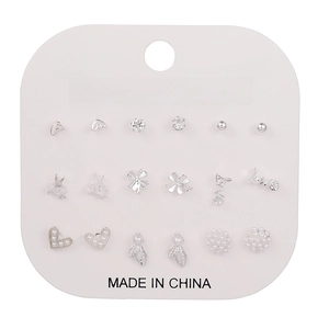 Detailed set of 12 pairs of silver alloy stud earrings featuring hearts and pearls