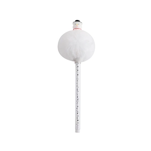 Detail of Christmas snowman plush pen with white faux fur pompom and silver polka dot barrel