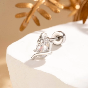 Silver snake-shaped stud earring with oval clear zircon and spiral screw back on stone